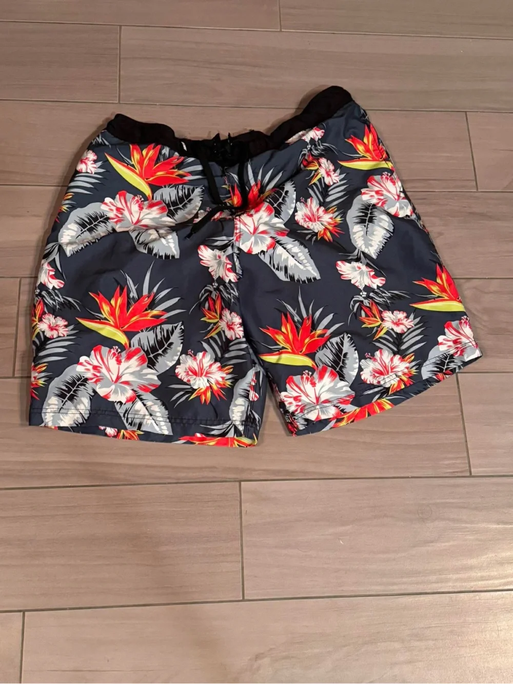 Men's Navy Floral Swim Board Shorts - Red & White Print LARGE
